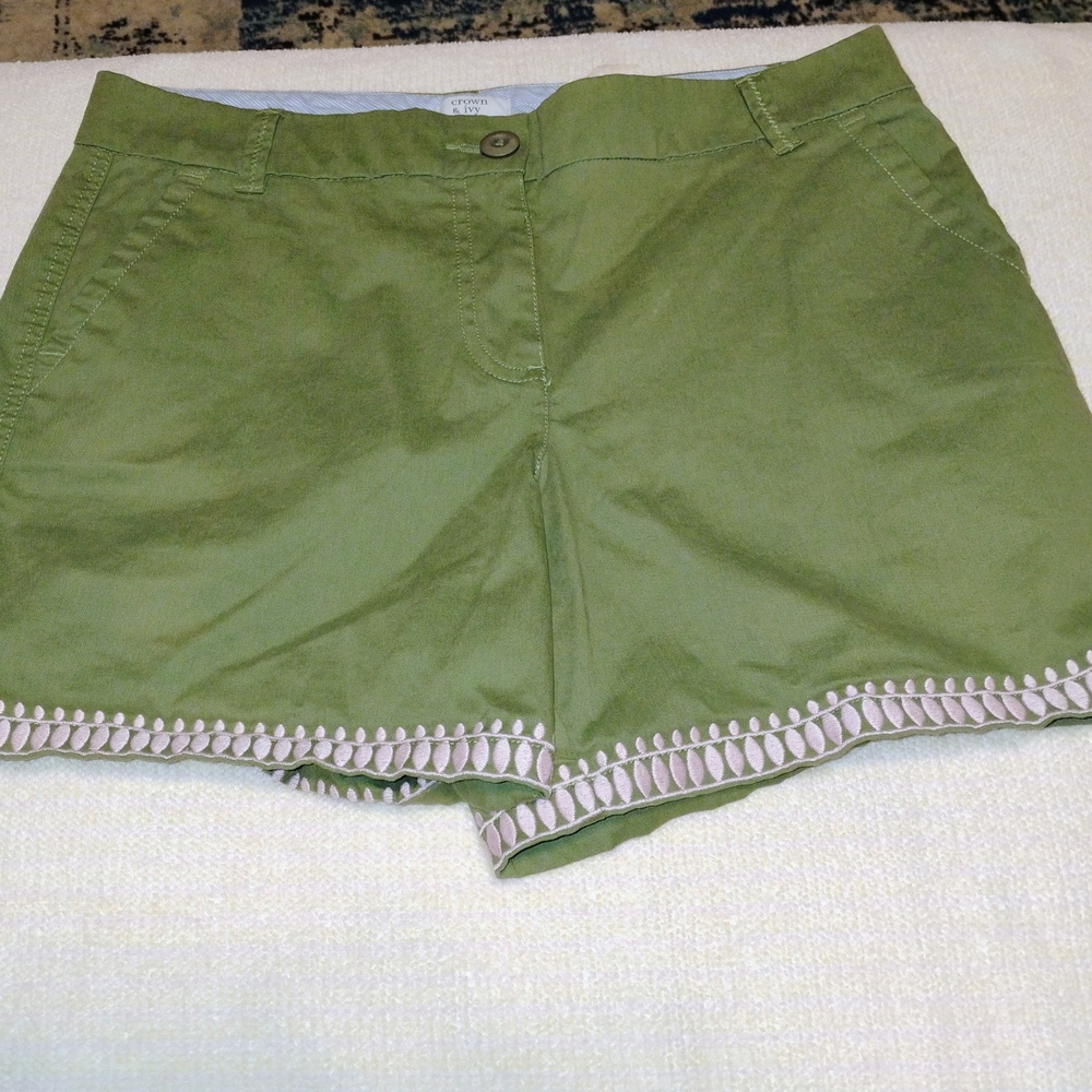 High-Rise Olive Green Embroidered Hem Women's Shorts - Picture 9 of 9